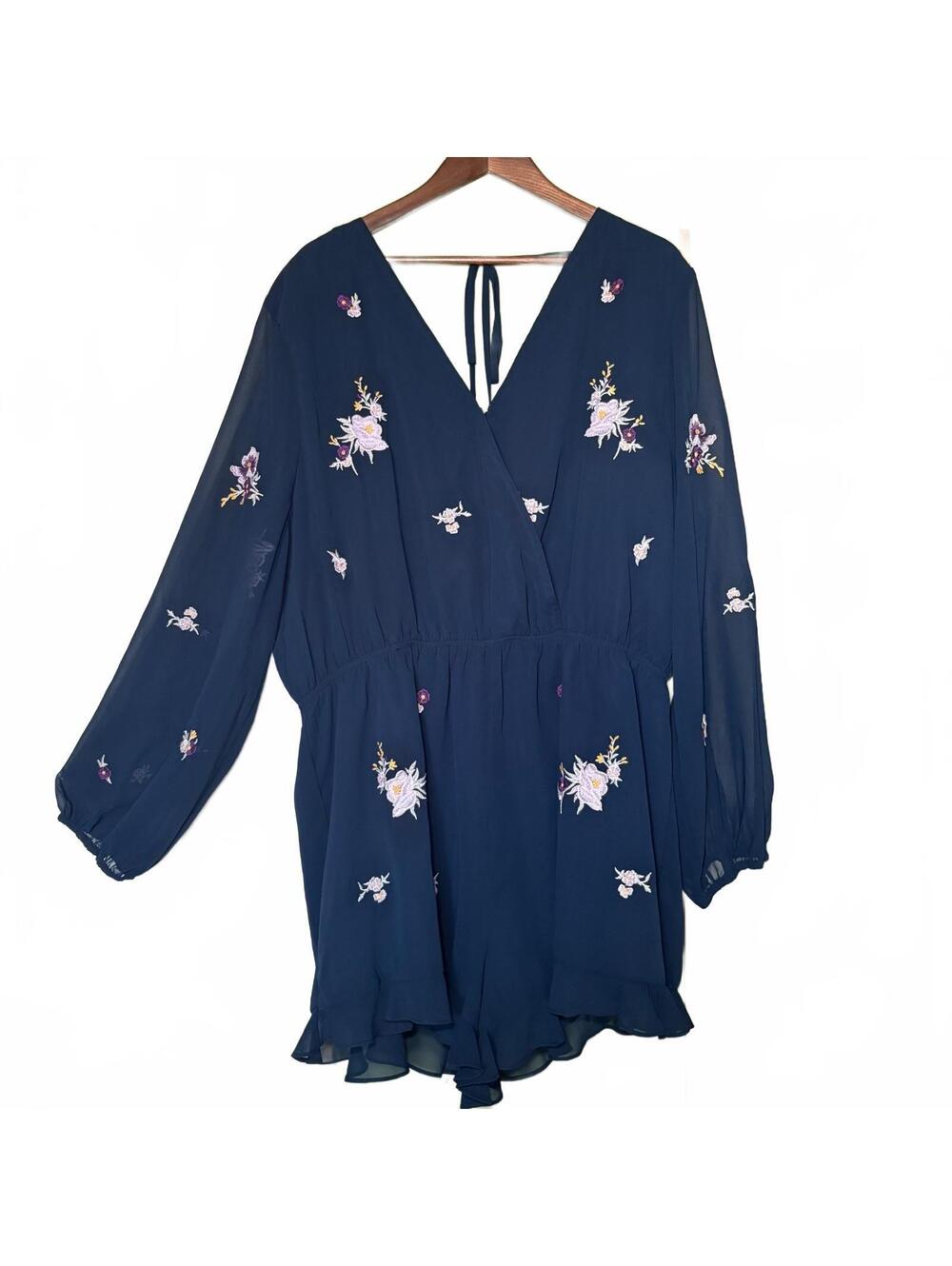 Arula Navy Blue Floral Embroidered Long Sleeve Romper